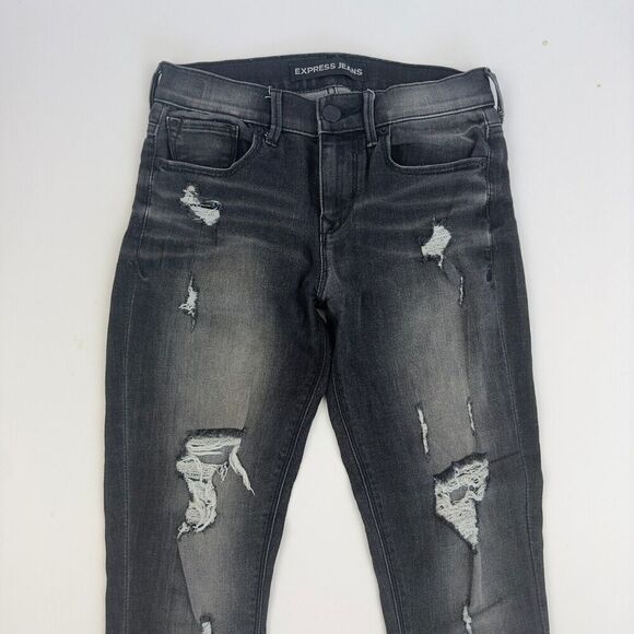 Express Jeans Mia Mid Rise Legging Skinny Gray Distressed Stretch Size 0R - Picture 3 of 12